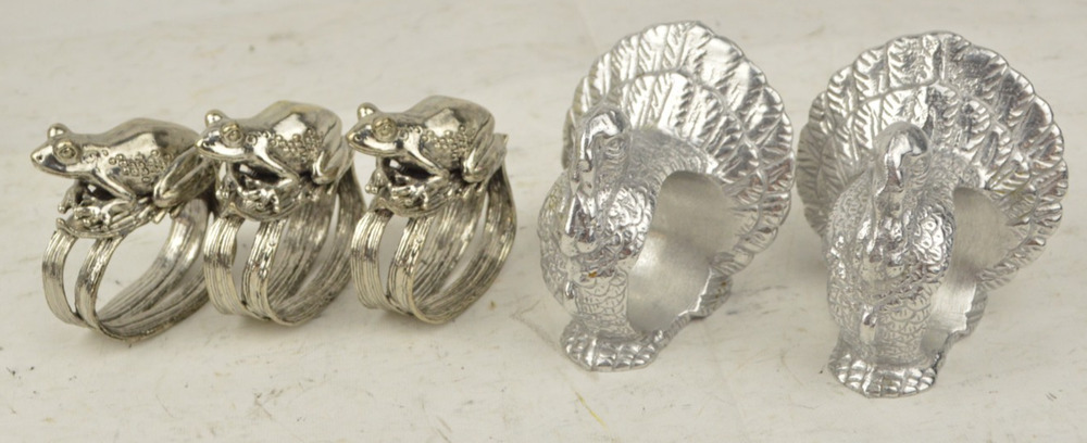 Vintage Pewter Frog & Turkey Napkin Rings Silver Tone Set x5 Thanksgiving